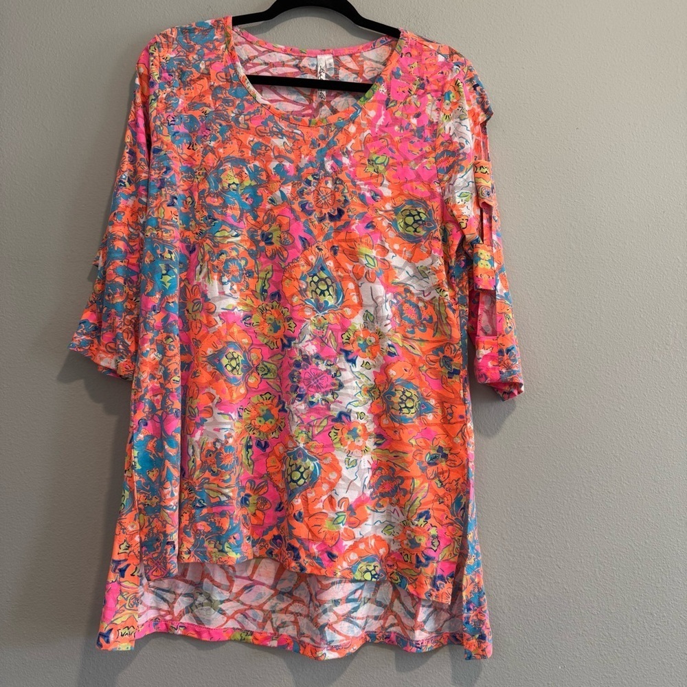 Lulu B Vibrant Floral Tunic Top 3/4 Sleeves Lightweight Relaxed Fit Beach S